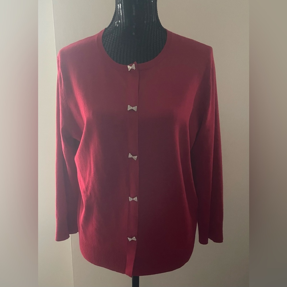 Cable & Gauge Red Bling Bow Button Sweater Size XL